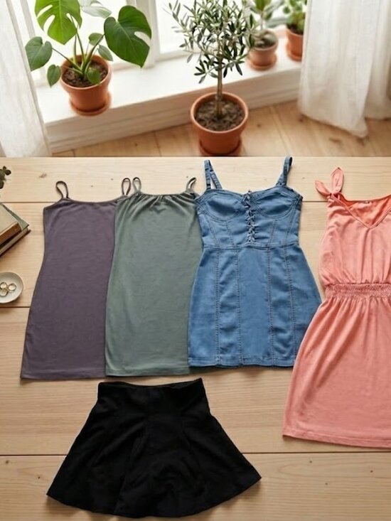 Private Label Dresses & Skirts - 5-PIECE Summer Soft Mini Dress Bundle + Bonus Black Skorts